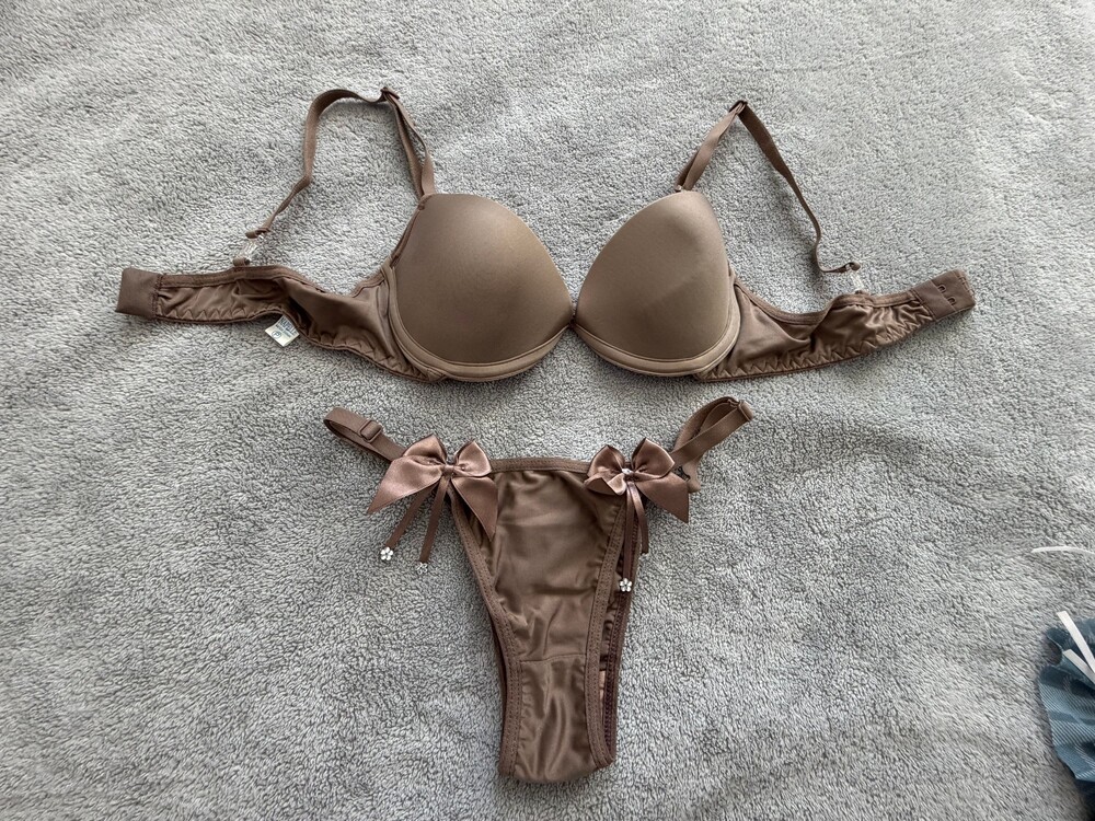 Brown Bra and Panty Set Size  with Satin Bow Detail